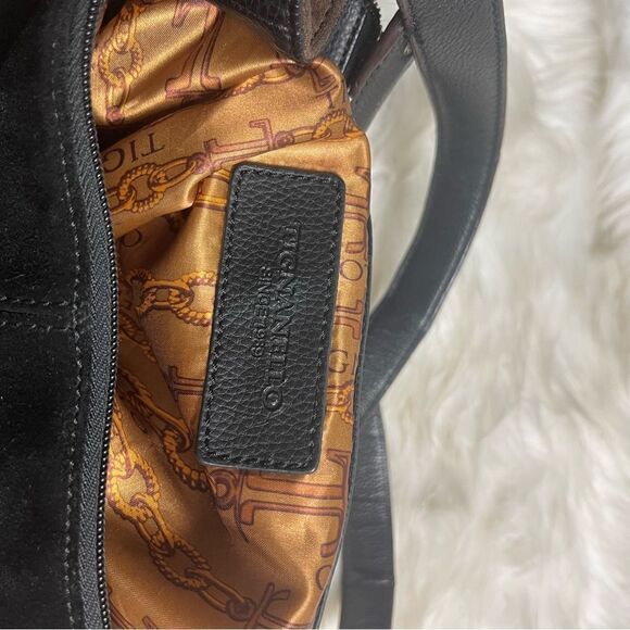 Tignanello leather suede black shoulder bag extended brown suede side zipper. - Picture 12 of 14